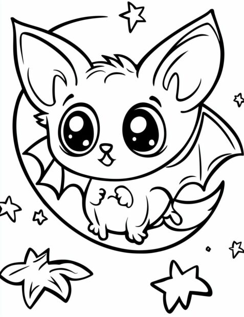 A cute Halloween bat with big eyes flying in front of the moon and stars