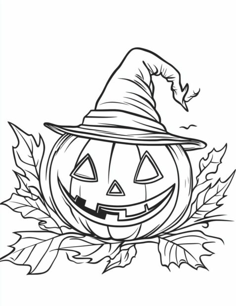A festive Halloween jack o' lantern wearing a witch hat and surrounded by autumn leaves