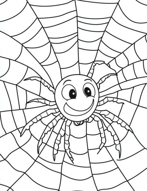 A friendly cartoon spider with a big smile on its web for a not so scary Halloween