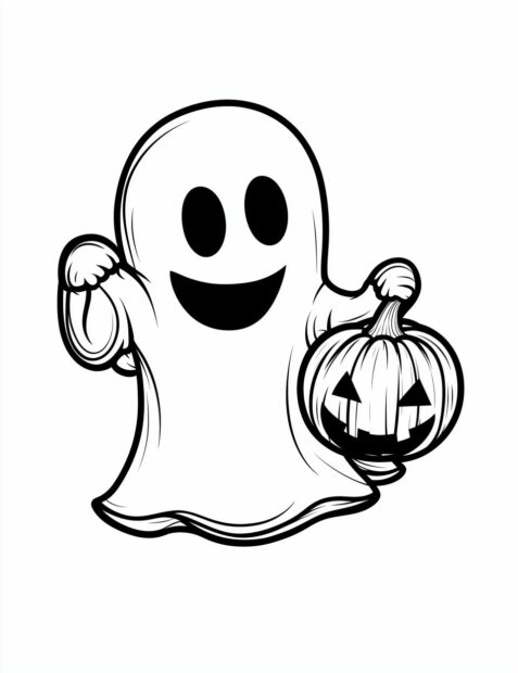 A cheerful ghost holding a small jack o' lantern, ready for Halloween trick or treating