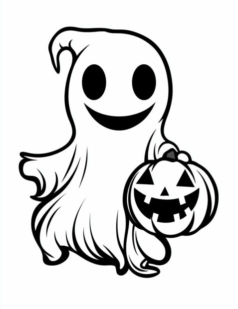 A friendly ghost holds a jack o lantern for a fun Halloween activity