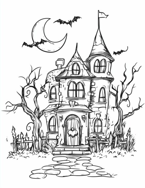 A spooky haunted house under a crescent moon for a classic Halloween scene