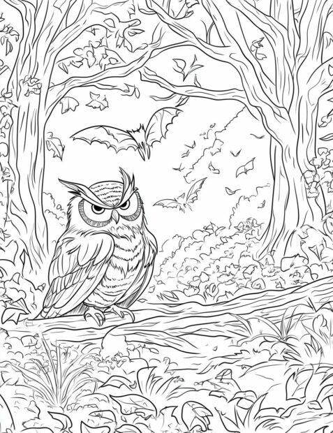 A wise owl sits in a spooky forest with bats, perfect for a detailed Halloween scene