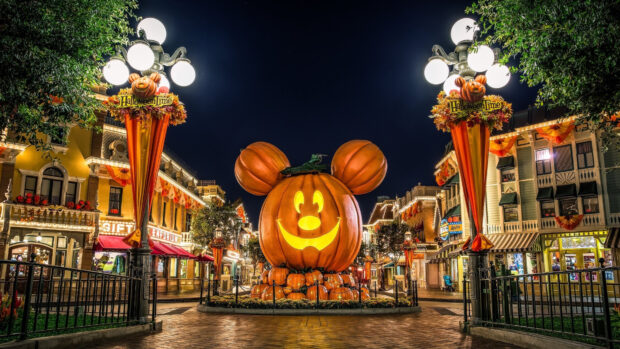 A large pumpkin with glowing face and ears lights up the festive street at night, 4K Desktop Wallpaper