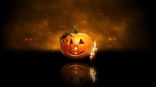 A carved pumpkin with a spider and glowing candles creating a spooky Halloween atmosphere, HD Desktop Wallpaper