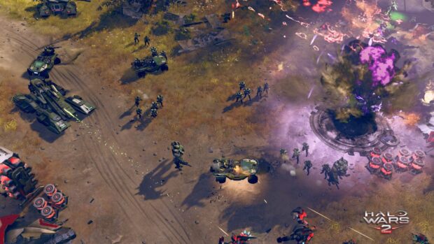 Một cảnh chiến đấu dữ dội trong Halo Wars với quân lính và vụ nổ, Hình nền máy tính HD