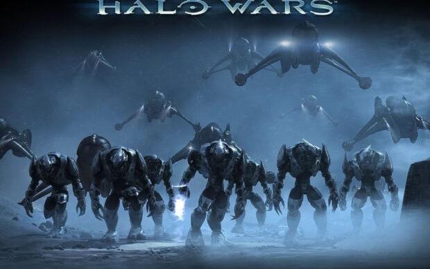 Quân đội Halo Wars đang tiến quân trên chiến trường sương mù với những con tàu bay trên cao, Hình nền máy tính HD