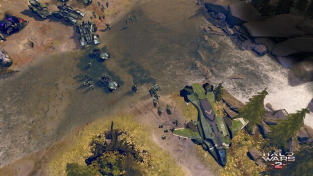 Chiến trường Halo Wars cho thấy binh lính và xe cộ tiến gần một con sông và địa hình đá, Hình nền máy tính HD