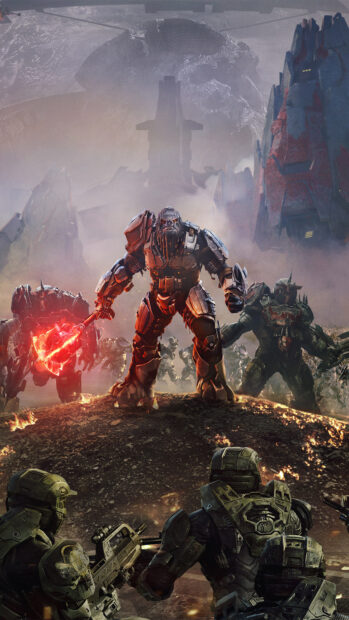 Hình ảnh cho thấy cảnh chiến đấu dữ dội trong Halo Wars với các chiến binh mặc áo giáp và một lãnh chúa hùng mạnh, Hình nền di động 4K