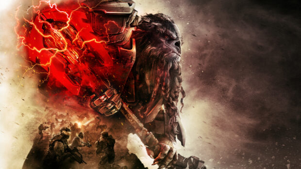 Một chiến binh hung dữ từ Halo Wars cầm một vũ khí phát sáng giữa chiến trường đầy khói, Hình nền máy tính 2K
