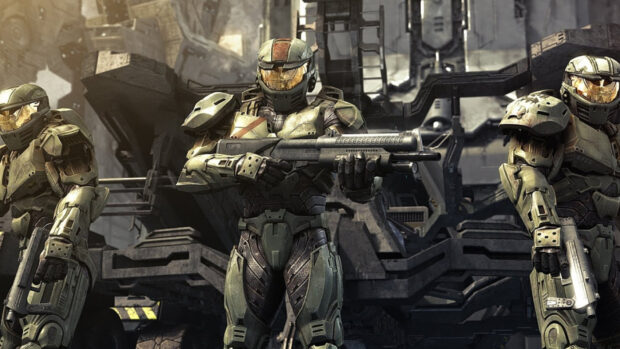 Ba người lính tương lai sẵn sàng với vũ khí trong bối cảnh Halo Wars, Hình nền máy tính HD