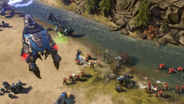 Trận chiến Halo Wars có sự góp mặt của những người lính bọc thép và các phương tiện tương lai trong trận chiến gần một con sông trong rừng, Hình nền máy tính HD