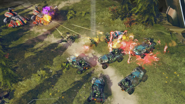 Trò chơi Halo Wars giới thiệu một cảnh chiến đấu dữ dội với xe vũ trang và binh lính đấu súng, Hình nền máy tính HD