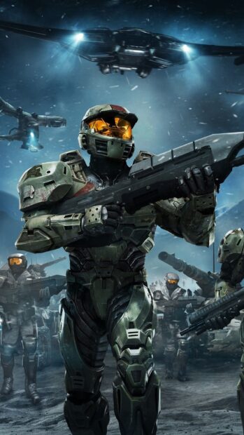 Một người lính trong Halo Wars chỉ huy đội với một vũ khí lớn dưới bầu trời tối, Hình nền di động HD