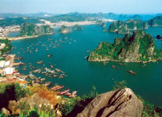 A panoramic view of Halong Bay showing emerald waters and limestone islands surrounding the bay