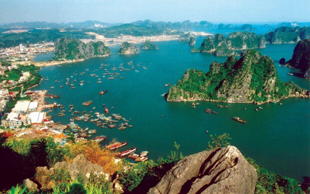 A panoramic view of Halong Bay showing emerald waters and limestone islands surrounding the bay