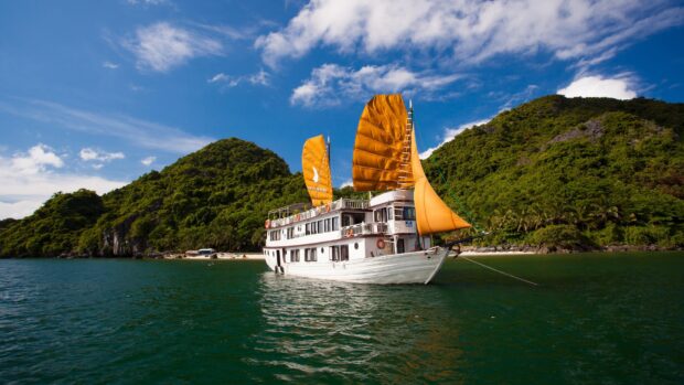 Traditional junk boat sailing near green islands in Halong Bay