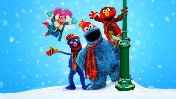 The Sesame Street characters are joyfully posing in a snowy winter setting, 4K Desktop Wallpaper