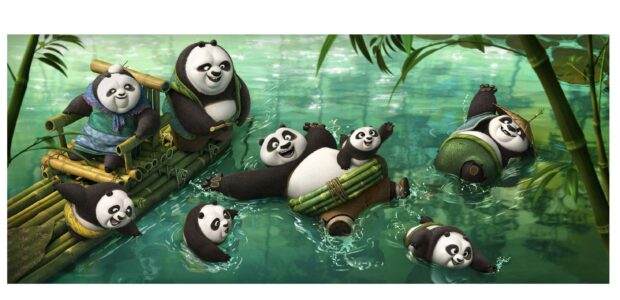 A group of pandas is enjoying their time swimming and floating on bamboo rafts in Kung Fu Panda 3, 2K Desktop Wallpaper