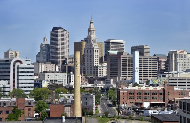 The Hartford skyline featuring tall buildings and a clear blue sky during daytime