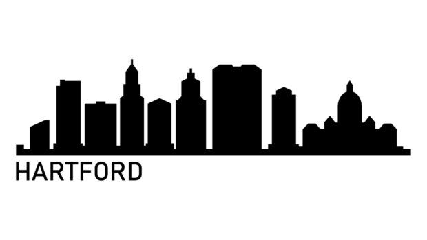 Silhouette of Hartford city skyline showing various buildings in black