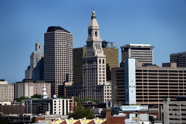 Historic Hartford skyline with modern skyscrapers and blue sky in clear daylight