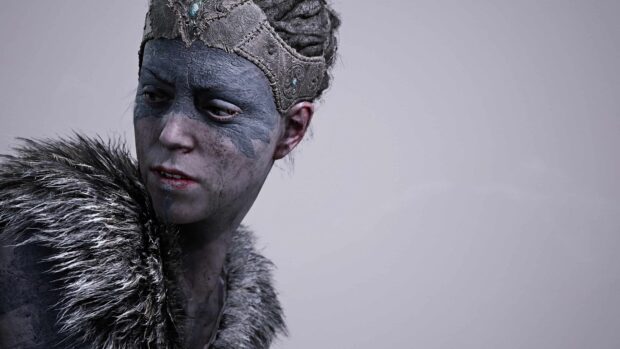 The Hellblade character shows detailed facial expressions and markings, 4K Desktop Wallpaper