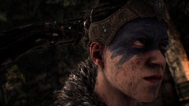A detailed close up of a Hellblade character with facial paint and tribal headgear, HD Desktop Wallpaper