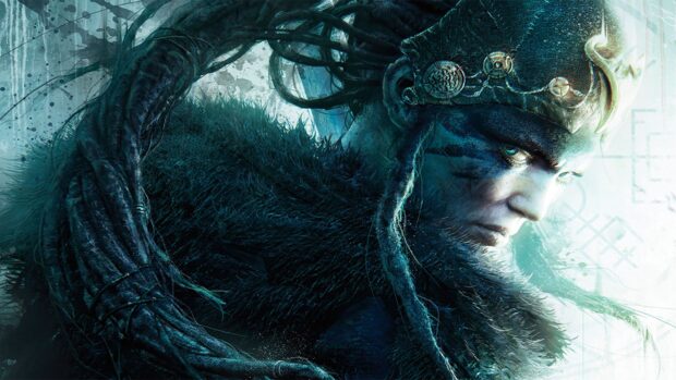 A fierce warrior with intricate headgear looks intensely in a mystical forest scene with dark twisted branches, 4K PC Wallpaper