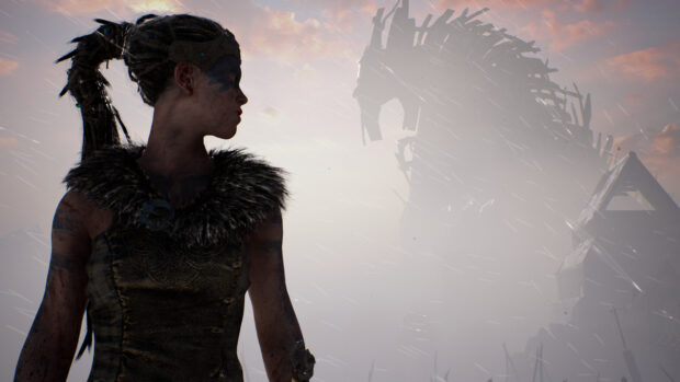 A warrior in tribal attire stands with a shadowy figure behind her in Hellblade wallpapers, 4K Desktop Wallpaper