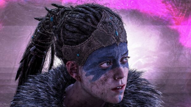 The Hellblade character with painted face and braided hair looks focused, 4K Desktop Wallpaper