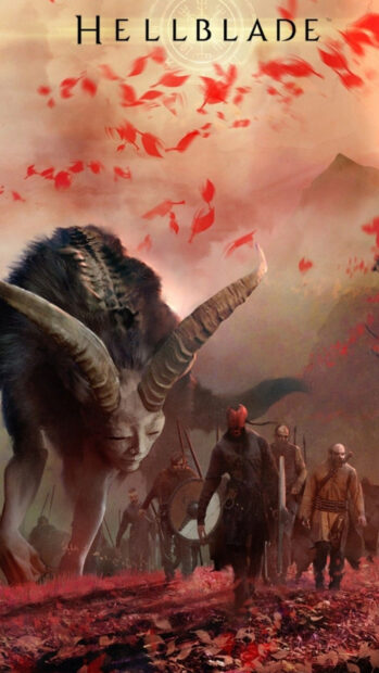 A dark fantasy scene from Hellblade shows warriors and a creature with horns, HD Phone Wallpaper