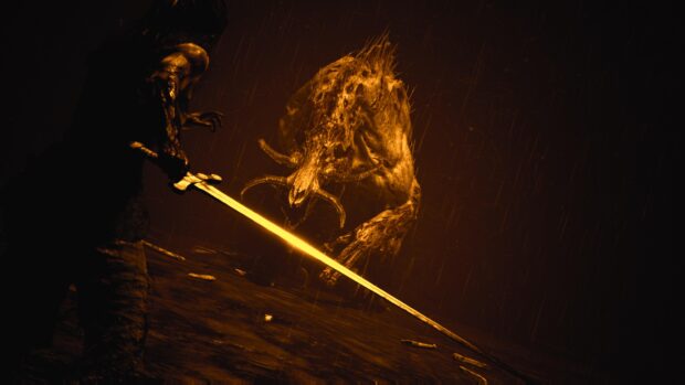 A warrior faces a monstrous creature wielding a glowing sword in darkness, 4K Desktop Wallpaper