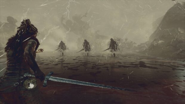 A warrior faces shadowy enemies on a rain soaked battlefield in Hellblade wallpapers, HD Desktop Wallpaper