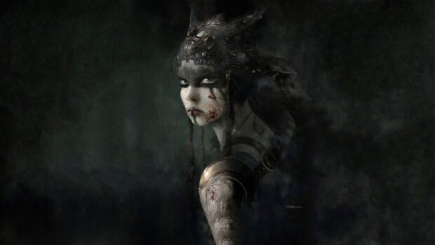 A fierce Hellblade warrior with war paint and armor stares into the distance, 4K Desktop Wallpaper