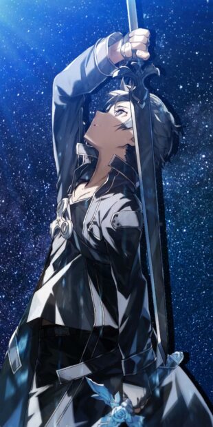 A hero from Sword Art Online raises his sword towards the starry sky in a dramatic pose, HD Phone Wallpaper