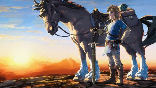 The Legend Of Zelda hero stands beside his horse during sunset in a fantasy landscape, 4K Desktop Wallpaper