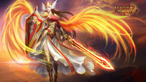 A League Of Angels warrior wields a fiery sword and shield in a battle pose, HD Desktop Wallpaper