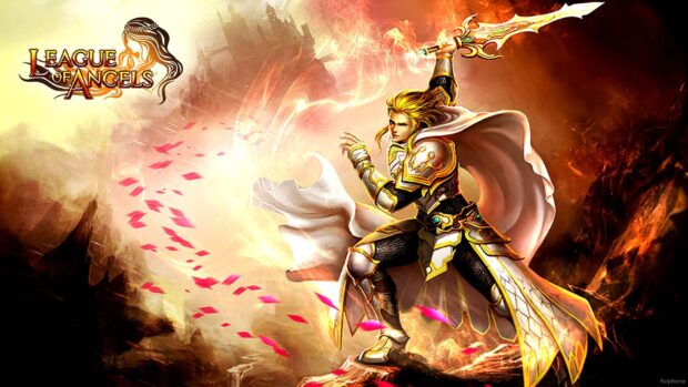 A warrior in golden armor holds a flaming sword in League Of Angels battle, HD Desktop Wallpaper