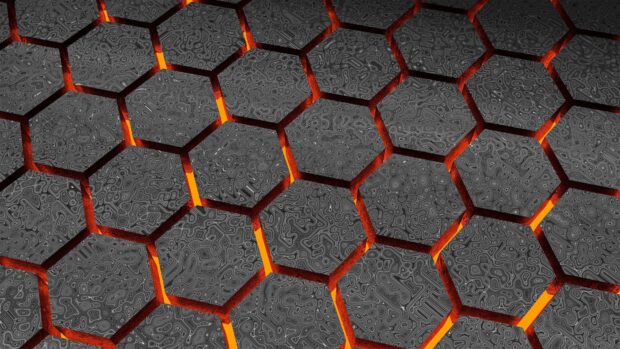 The image shows honeycomb with dark hexagons and bright orange lava lines, 4K Desktop Wallpaper