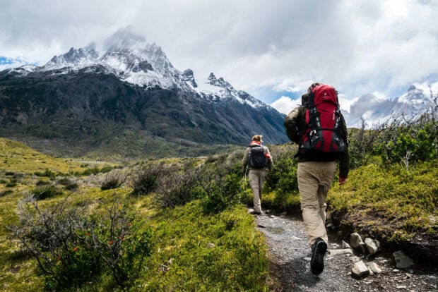 Two hikers walking on a mountain trail surrounded by green bushes and snow capped peaks