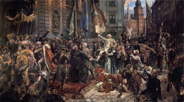 A historical scene showing a gathering of people in period clothing during a significant event in history