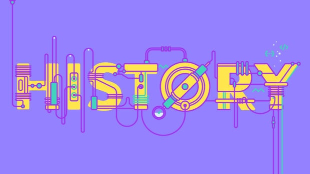 The creative history design concept formed with yellow letters and connected electronic circuits on a purple background