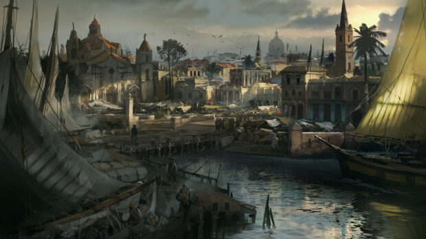 A historical harbor scene with old architecture and sailing ships in a bustling port town