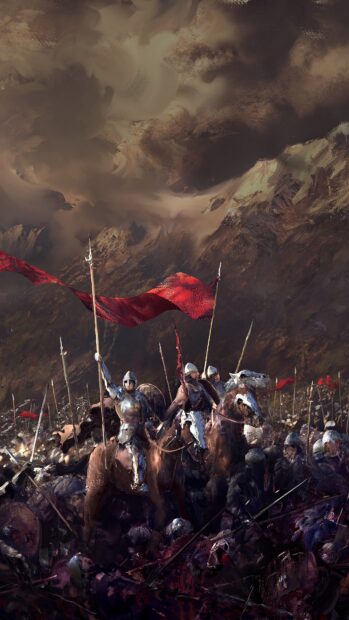 Medieval knights lead a fierce battle under a dark cloudy sky with red banners raised high