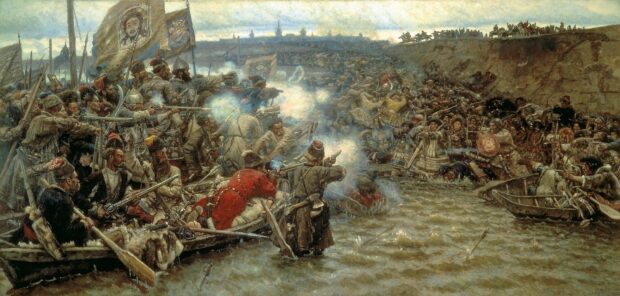 Historical battle scene with soldiers fighting on river in detailed action
