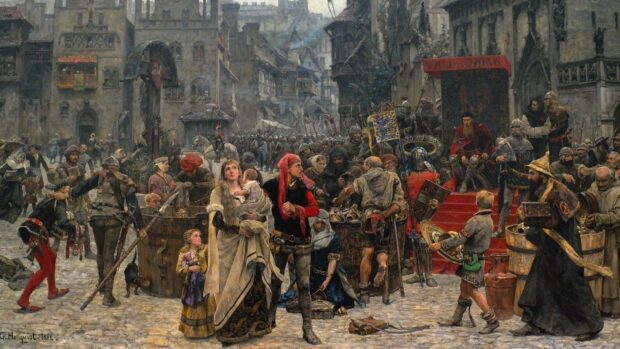 A medieval town scene with soldiers and civilians during a historical event in Europe