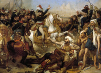 Napoleon Bonaparte commanding troops during a historic battle scene with soldiers and horses