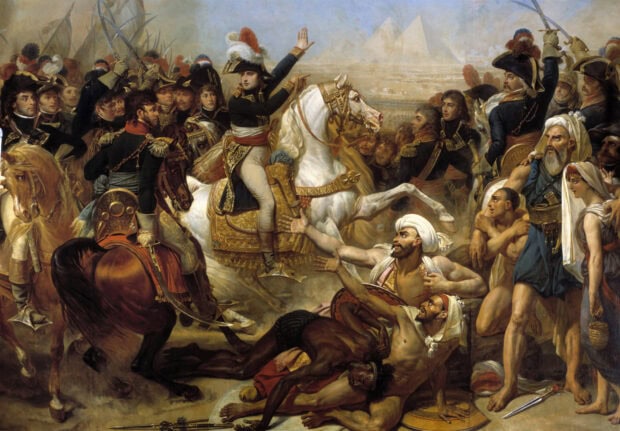 Napoleon Bonaparte commanding troops during a historic battle scene with soldiers and horses
