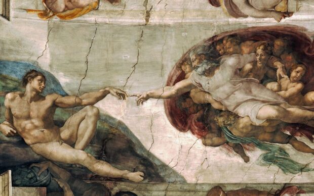 The creation of man with divine figures in a detailed historical art painting